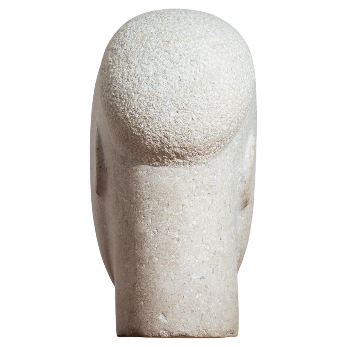 Modernist sandstone bust sculpture of a male
Artist unknown.
The sculpture is beautiful from all sides and radiates simplicity and has a enigmatic feel to it.

The full height of sculpture is 38 cm x height x wide 28 cm