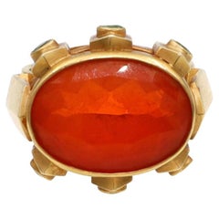 Vintage Modernist Fire Opal and Tsavorite Garnet Cocktail Ring in 18 Karat Yellow Gold