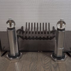 Modernist Fire Screen Set in Nickel, Glass and Black Enamel by WMH Jackson