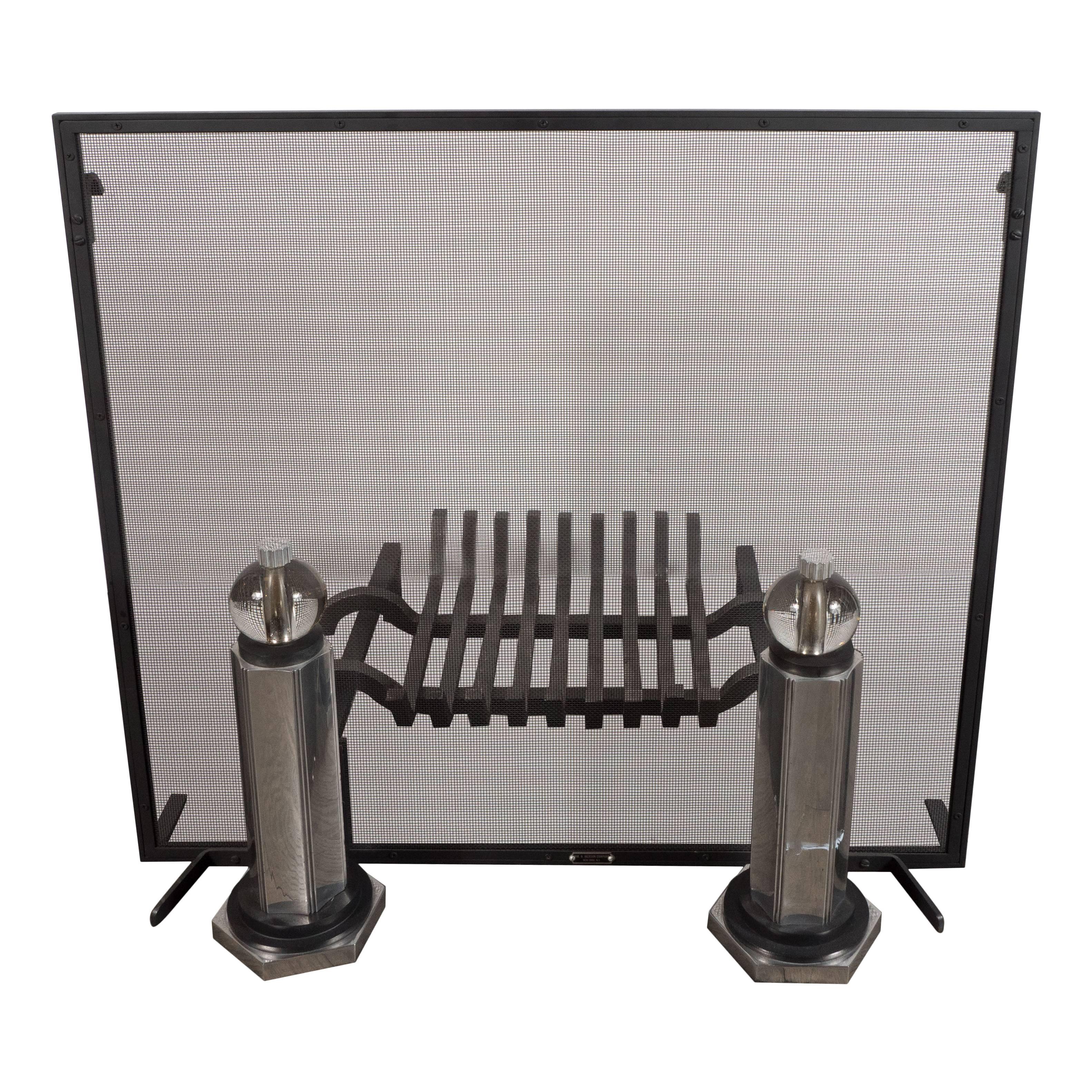 Modernist Fire Screen Set in Nickel, Glass and Black Enamel by WMH Jackson