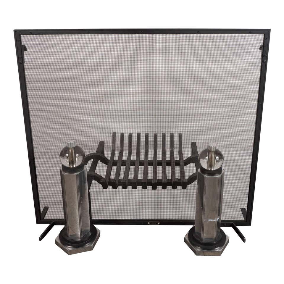 Custom Modernist Tempered Glass Fire Screen with Polished Nickel Strip ...