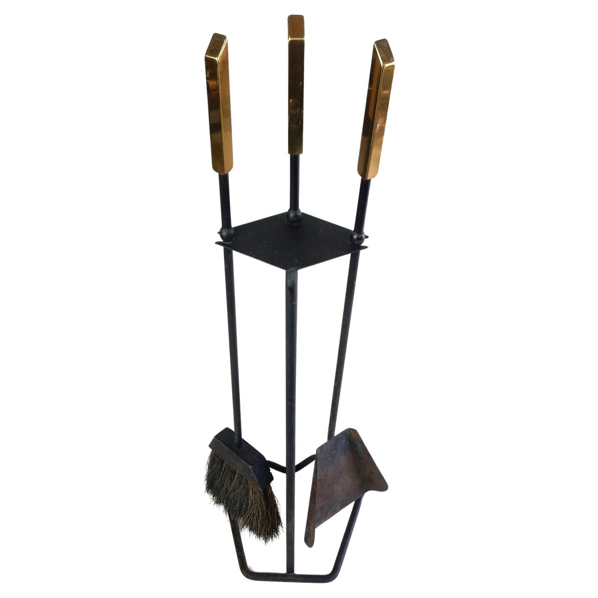 Modernist Fireplace Tool Set in Brass & Iron 1960's  For Sale