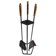 Vintage Modernist Fireplace Tool Set in Brass & Iron 1960's 