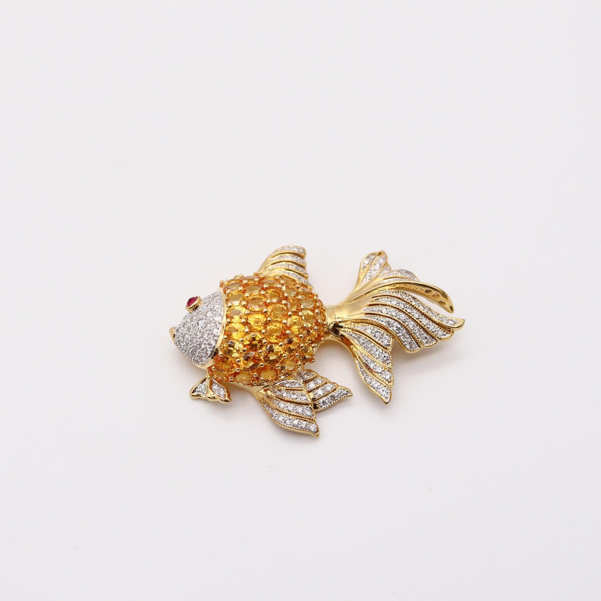 Modernist MODERNIST Fish Brooch In 18Kt Yellow Gold With Diamonds, Sapphires & Rubies For Sale