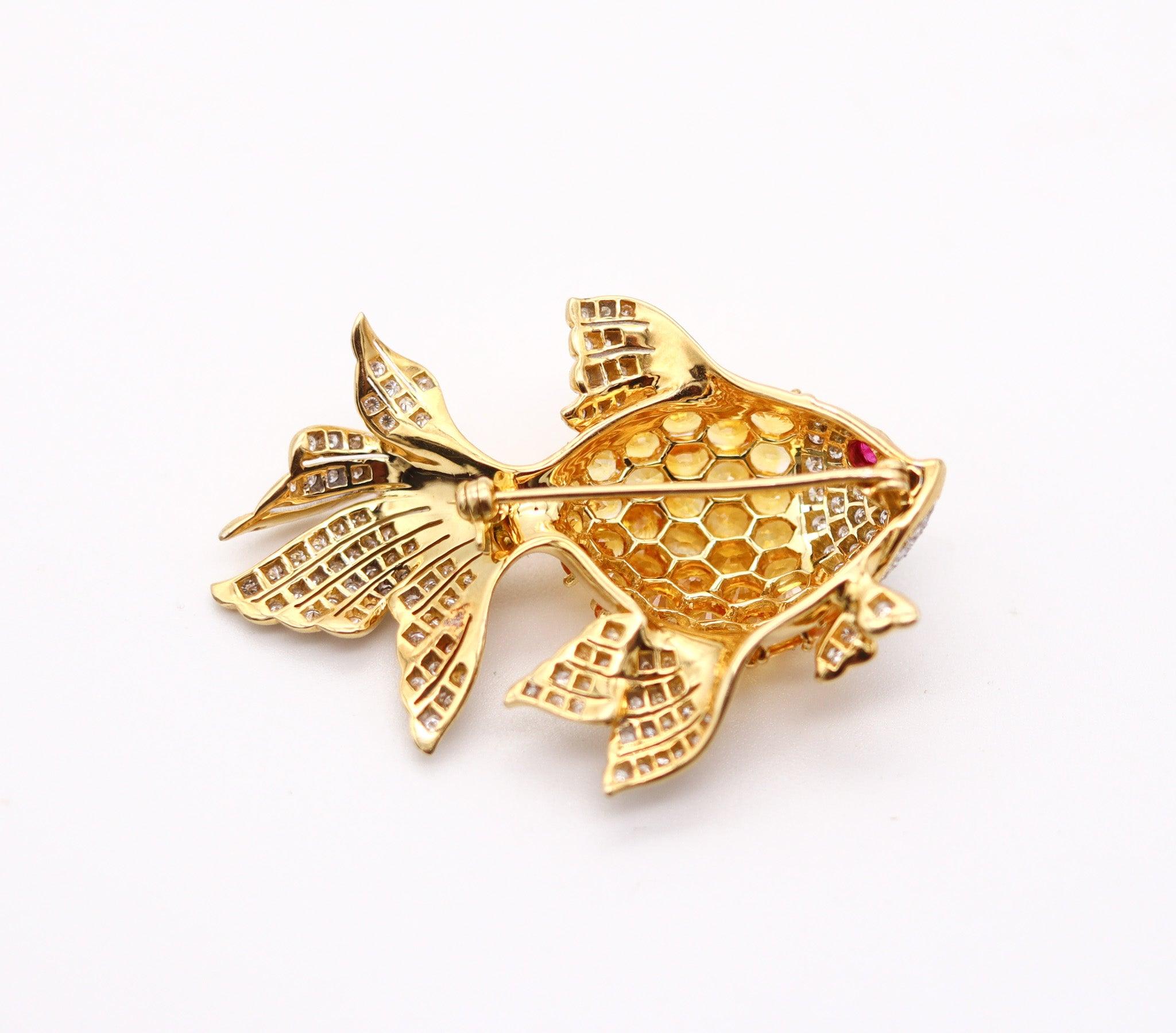 Women's or Men's MODERNIST Fish Brooch In 18Kt Yellow Gold With Diamonds, Sapphires & Rubies For Sale