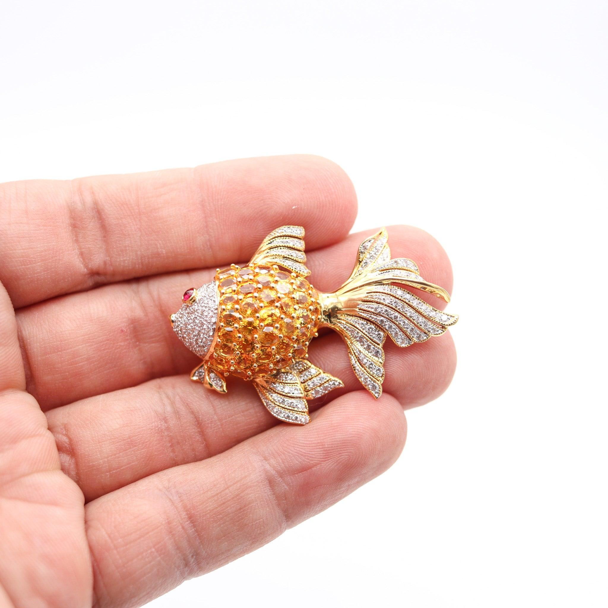 MODERNIST Fish Brooch In 18Kt Yellow Gold With Diamonds, Sapphires & Rubies For Sale 1
