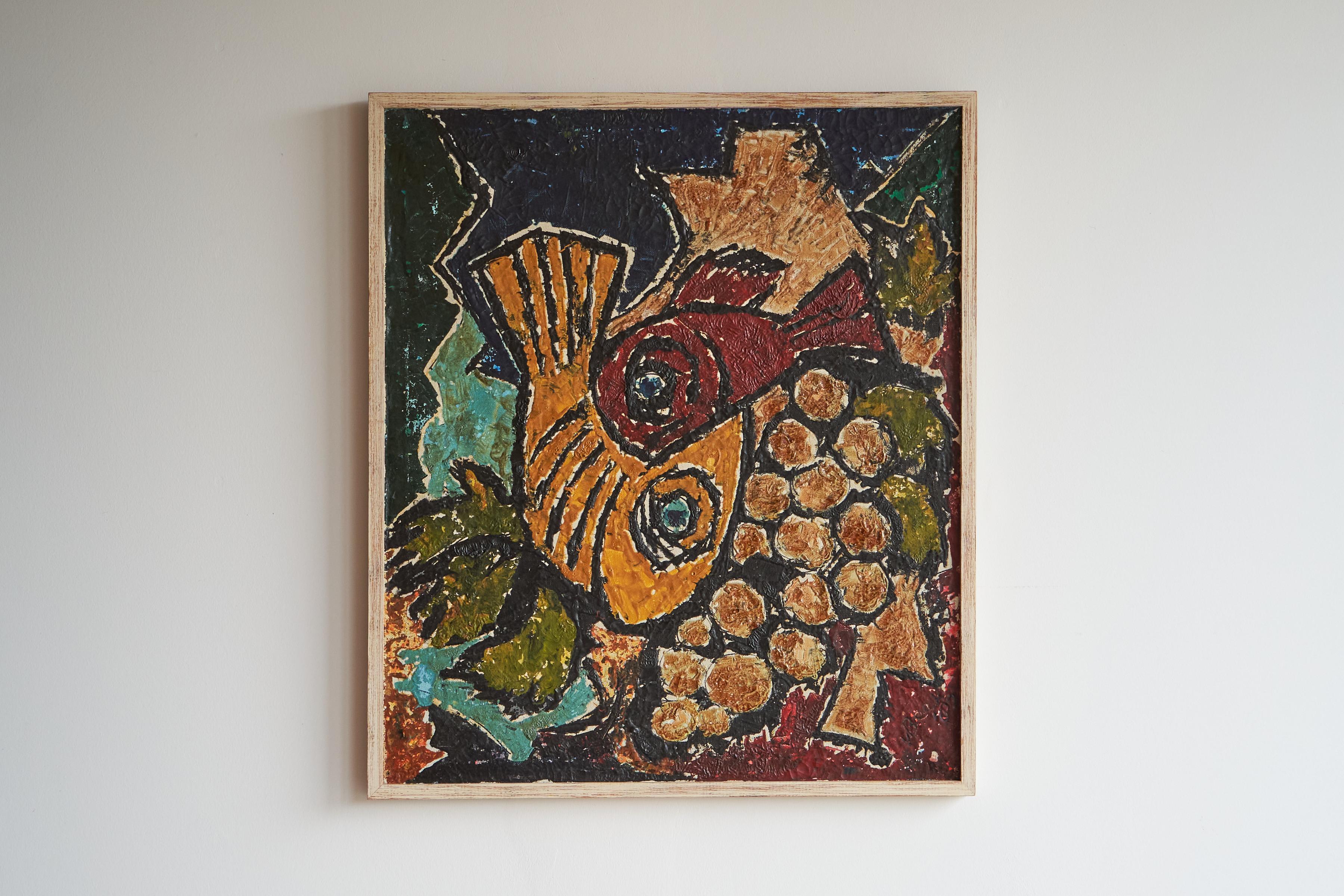 Modernist Fishes Öl auf Leinwand, Europa, 1970er Jahre.

Schönes modernistisches Gemälde mit Fischen - halb abstrakt. Sehr farbenfroh und elegant. Passt in verschiedene Einrichtungsstile. 

Kommt in einem guten Zustand.

Über ORNAMENTUM

ORNAMENTUM