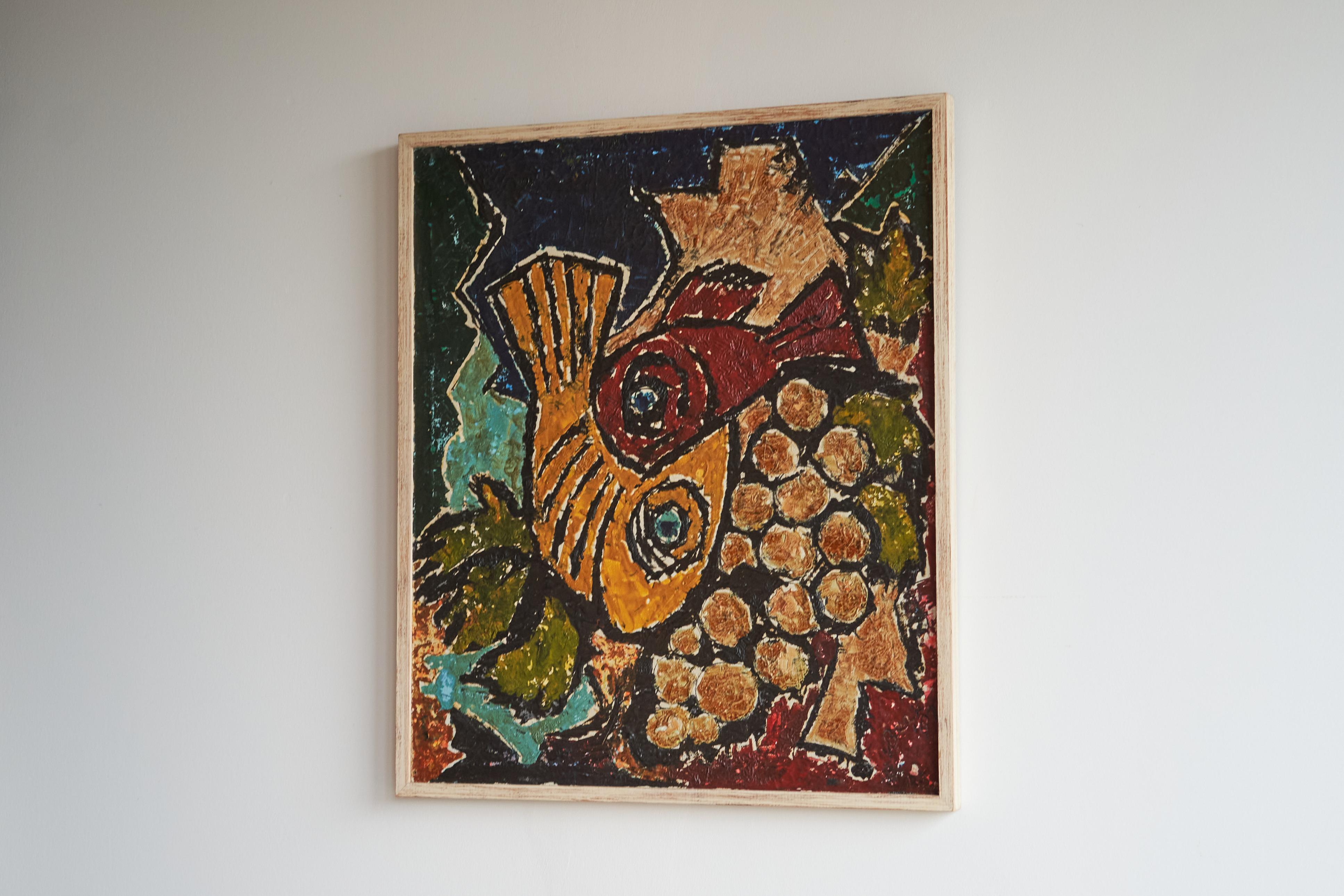 Modernistische Fische Öl auf Leinwand 1970er Jahre (Moderne der Mitte des Jahrhunderts) im Angebot