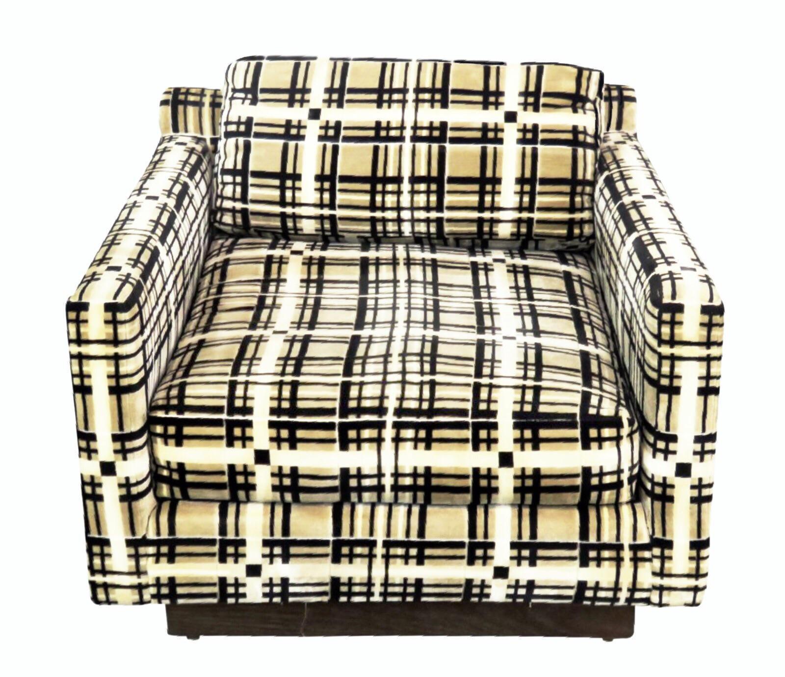 Gorgeous cube club chair by famed American manufacturer Armstrong furniture Co, midcentury production, circa 1960 in their now-shuttered Evansville factory. It's cubeness is accentuated by the linear pattern. Fun, vintage yet super versatile.
