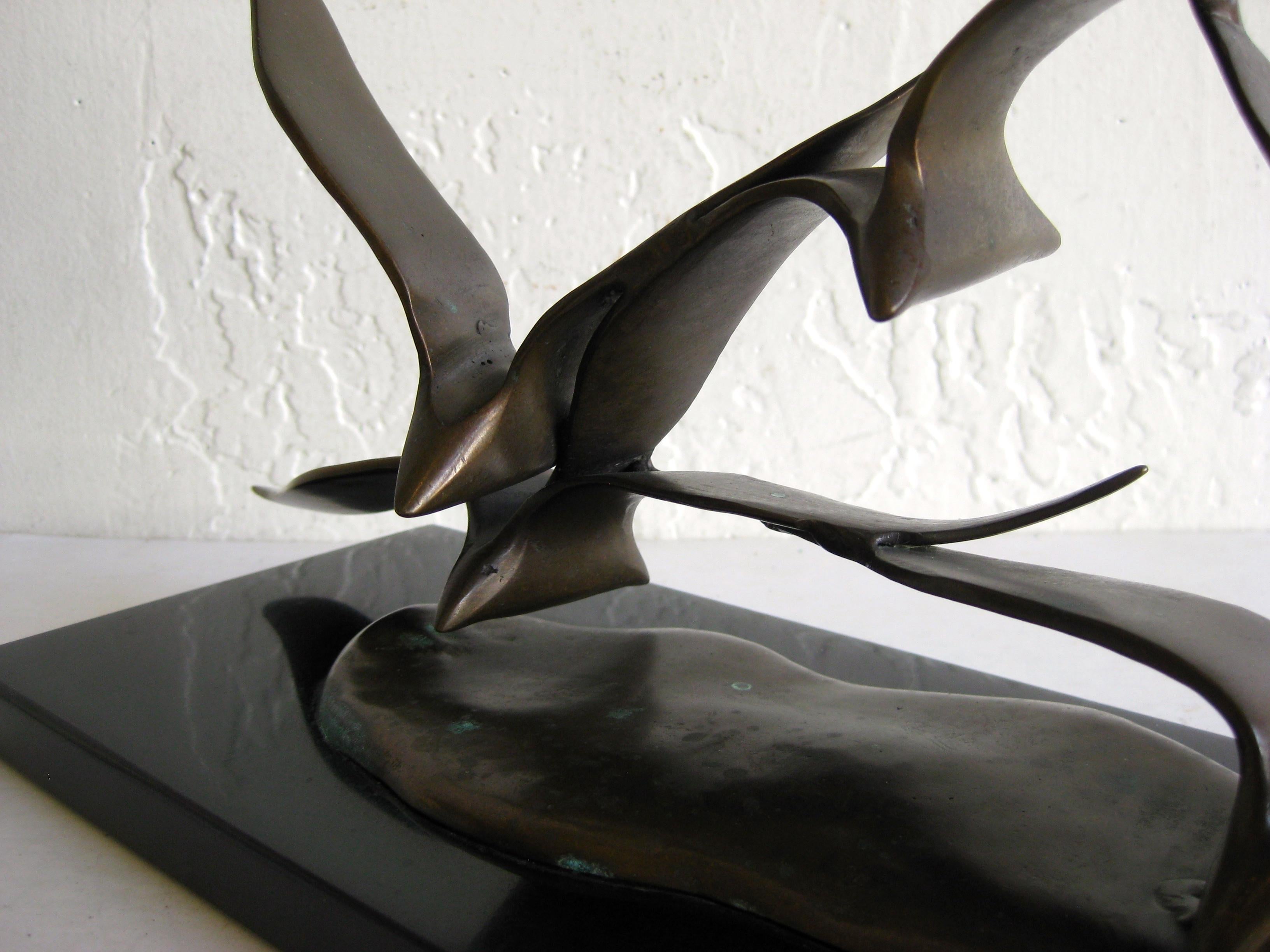 Modernist Flock of Seagulls in Flight Bronze Sculpture on Marble Curtis Jere Era For Sale 1