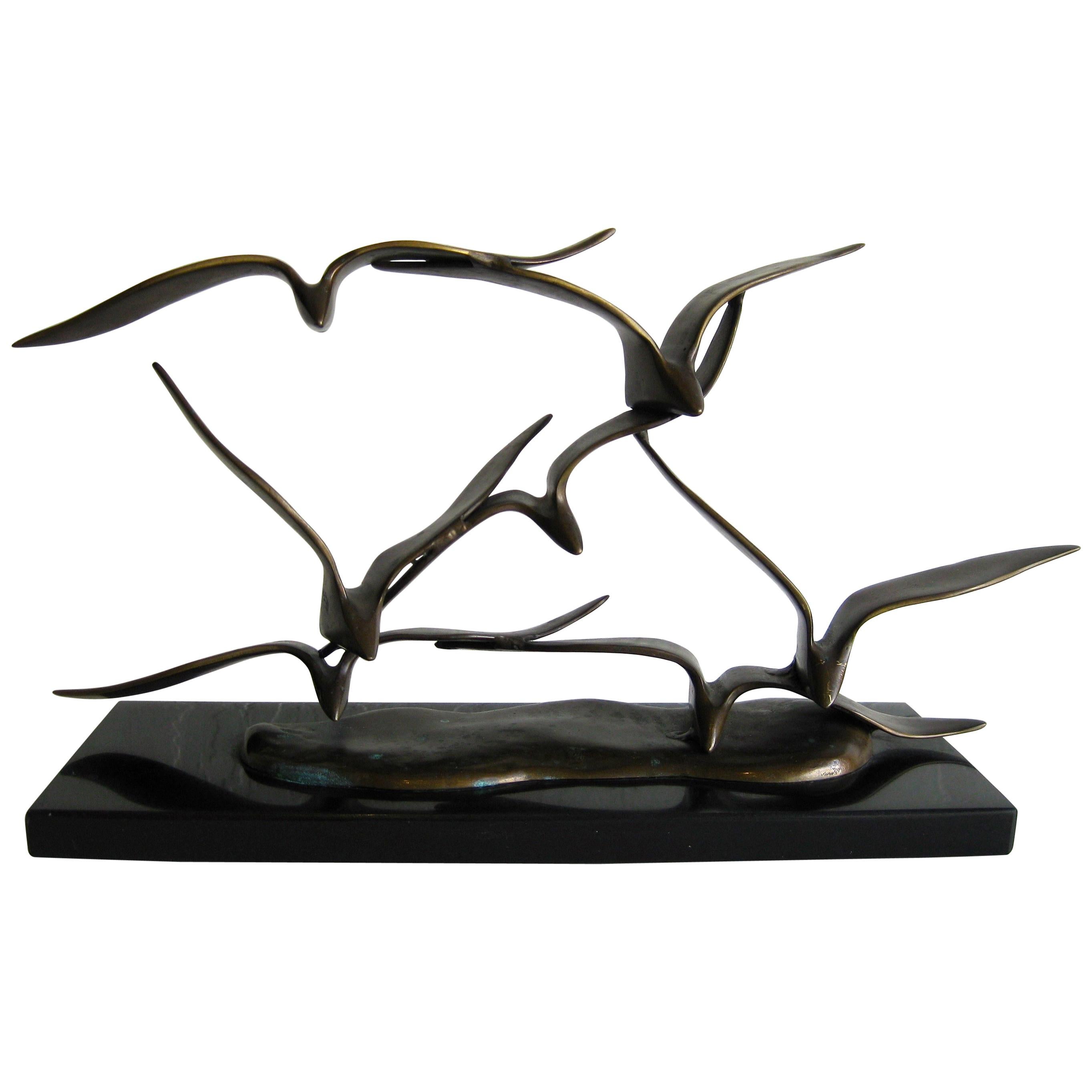 Modernist Flock of Seagulls in Flight Bronze Sculpture on Marble Curtis Jere Era For Sale