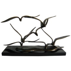 Vintage Modernist Flock of Seagulls in Flight Bronze Sculpture on Marble Curtis Jere Era