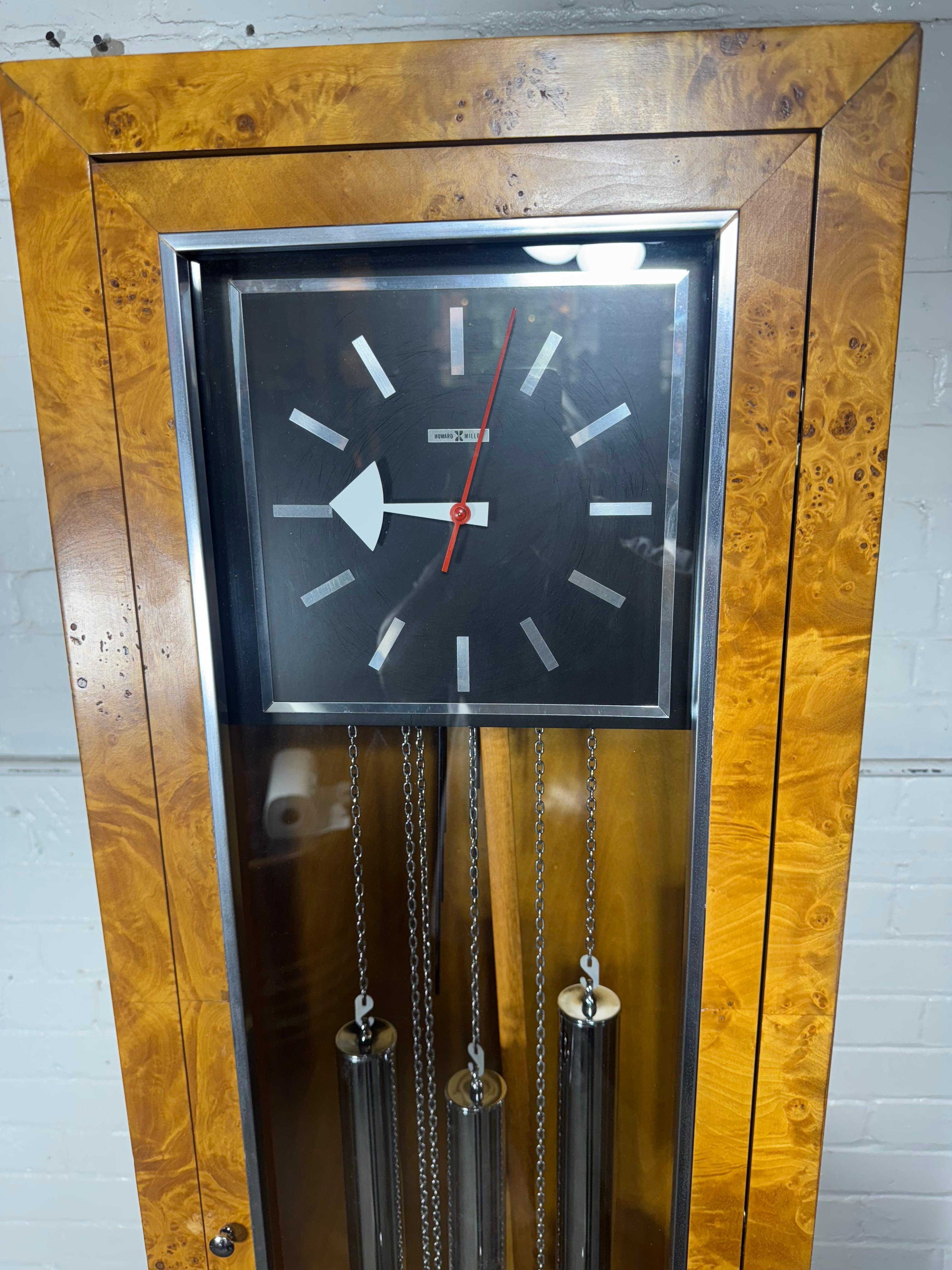  Modernist Floor Clock  by Howard Miller / stunning Burl Olive Case,, 8-day,,Chimes.. (see video)  Tested and keeping perfect time,, Truly amazing original condition.. Hand delivery avail to New York City or anywhere en route from Buffalo NY