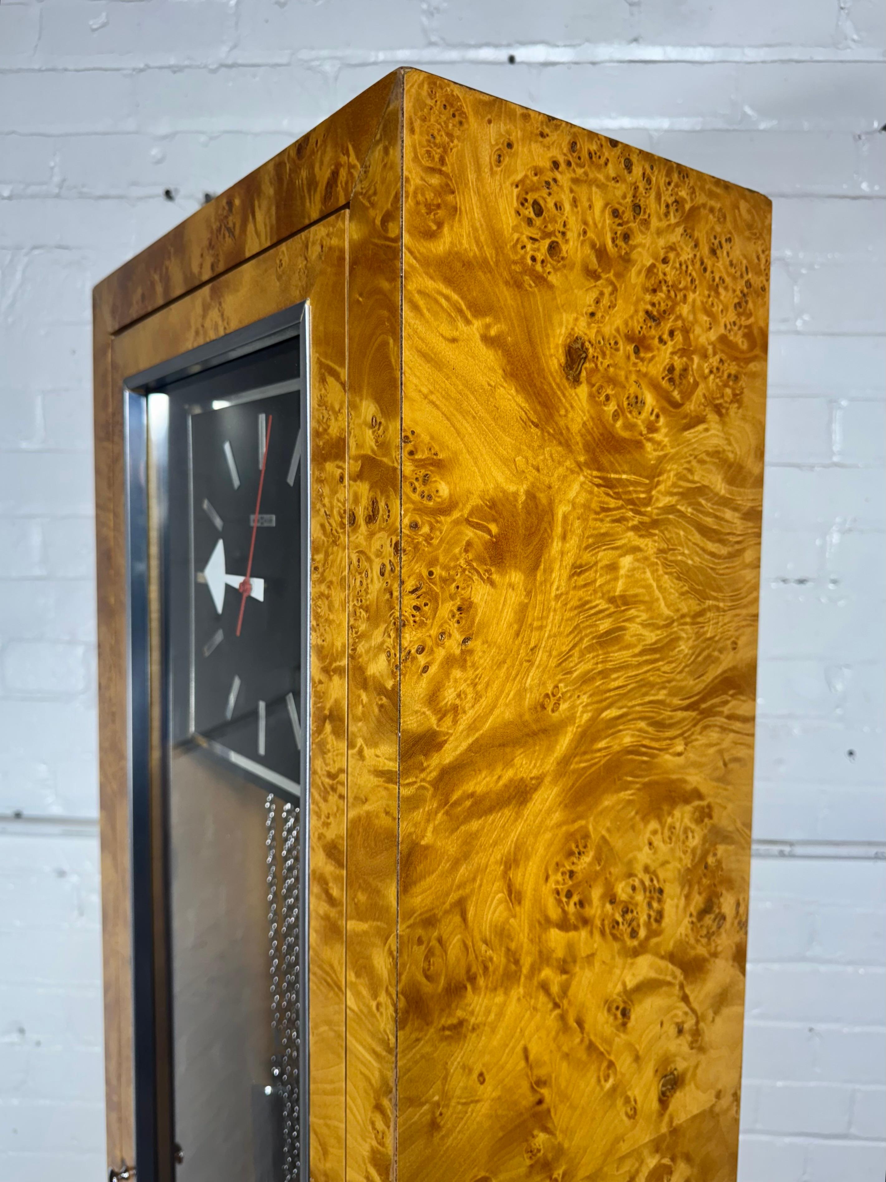 Mid-Century Modern Modernist Floor Clock  by Howard Miller / stunning Burl Olive Case For Sale