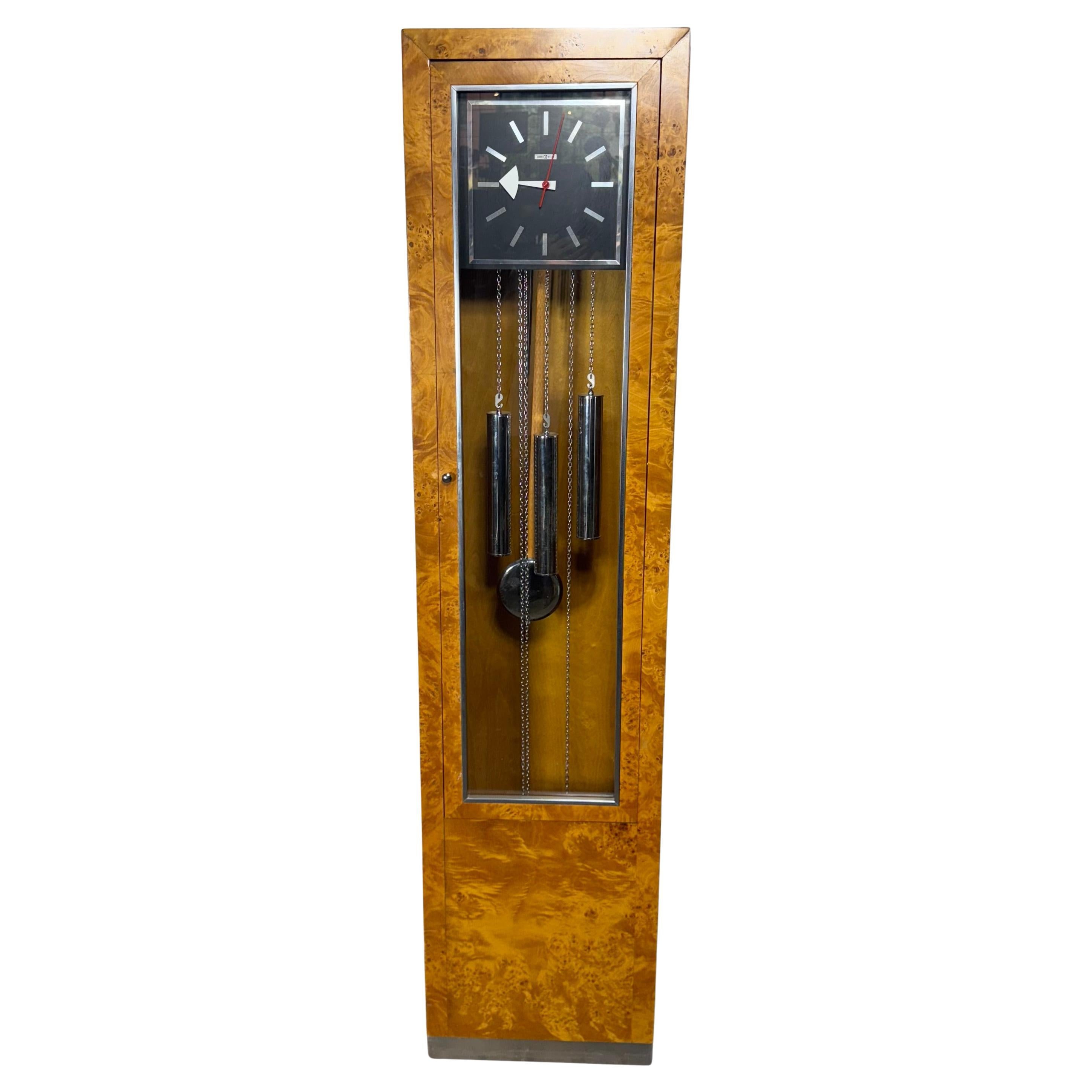 Modernist Floor Clock  by Howard Miller / stunning Burl Olive Case For Sale