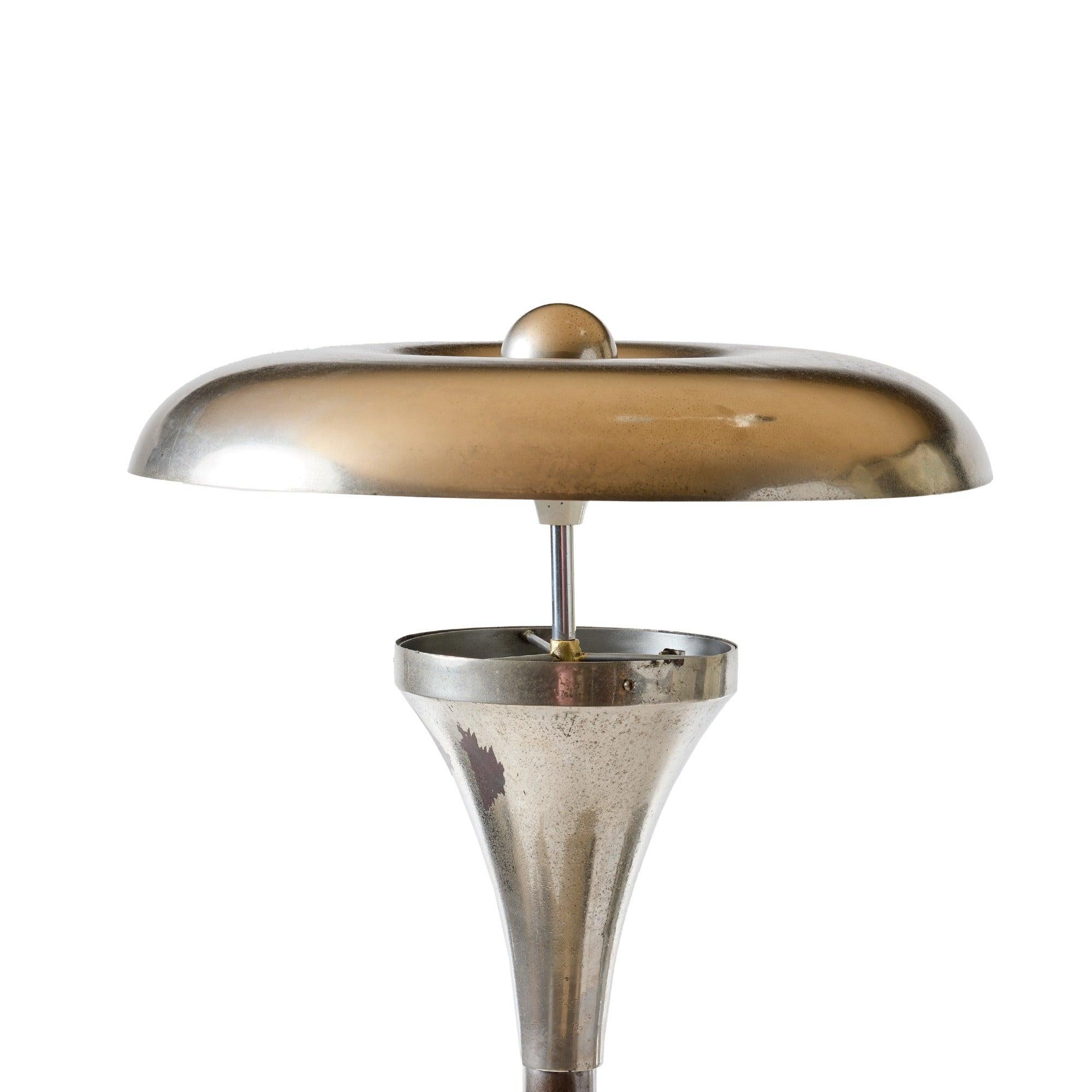 Nickel plated base and stem, copper spherical finial, white enamel canopy
