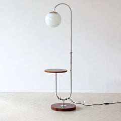Modernist Floor Lamp With Integrated Table, Nickel Plated Metal, Stained Wood