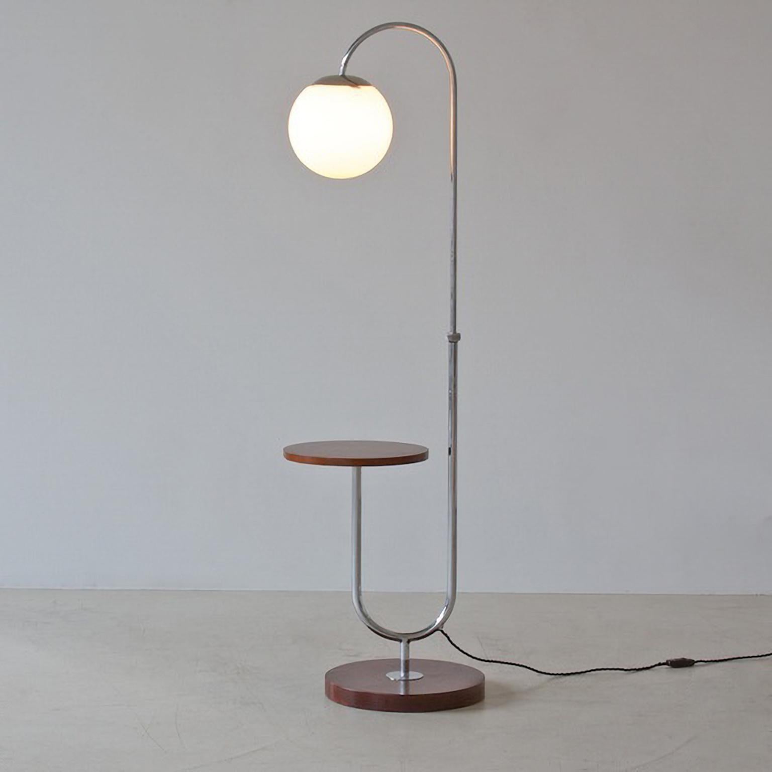 Art Deco Modernist Floor Lamp With Integrated Table, Nickel Plated Metal, Stained Wood For Sale