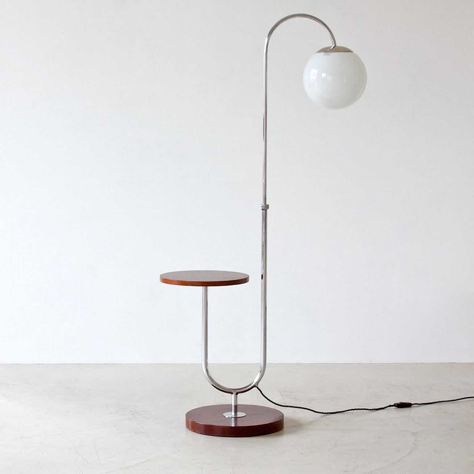 Czech Modernist Floor Lamp With Integrated Table, Nickel Plated Metal, Stained Wood For Sale