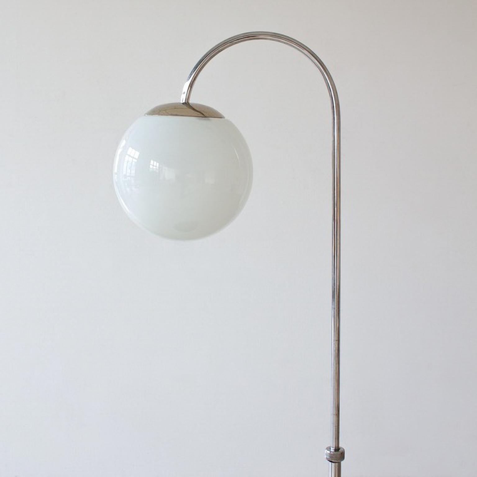 Mid-20th Century Modernist Floor Lamp With Integrated Table, Nickel Plated Metal, Stained Wood For Sale