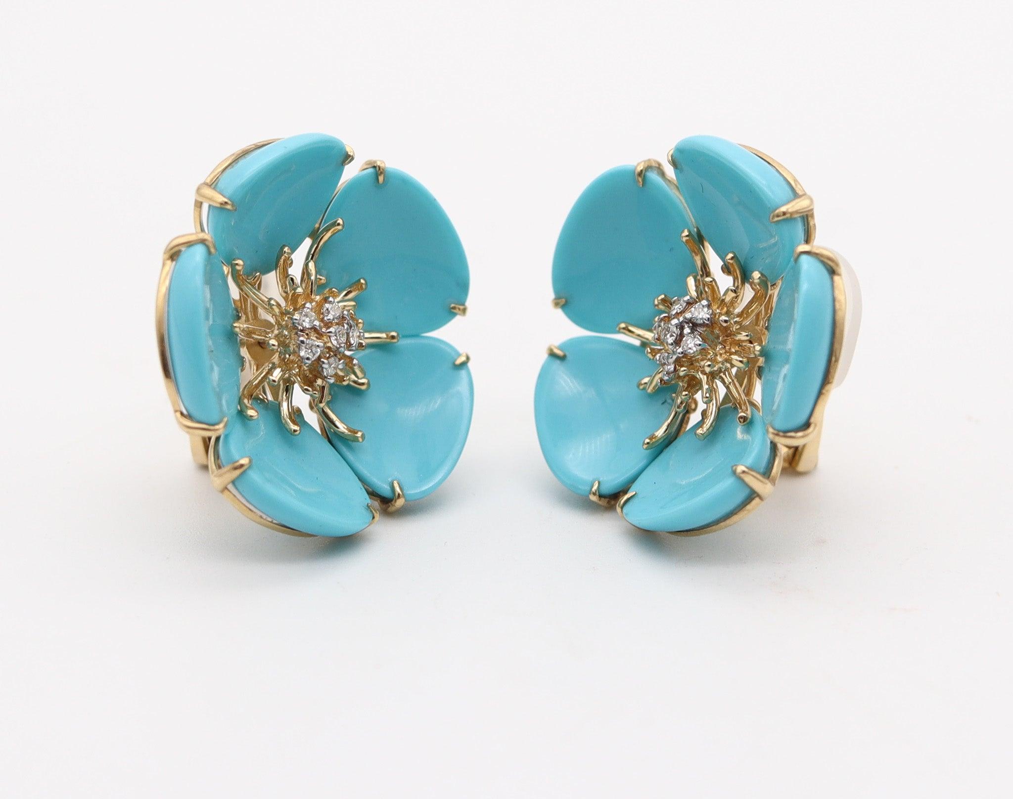 Modernist MODERNIST Flower Clips-On Earrings In 18Kt Yellow Gold, Turquoises & Diamonds
