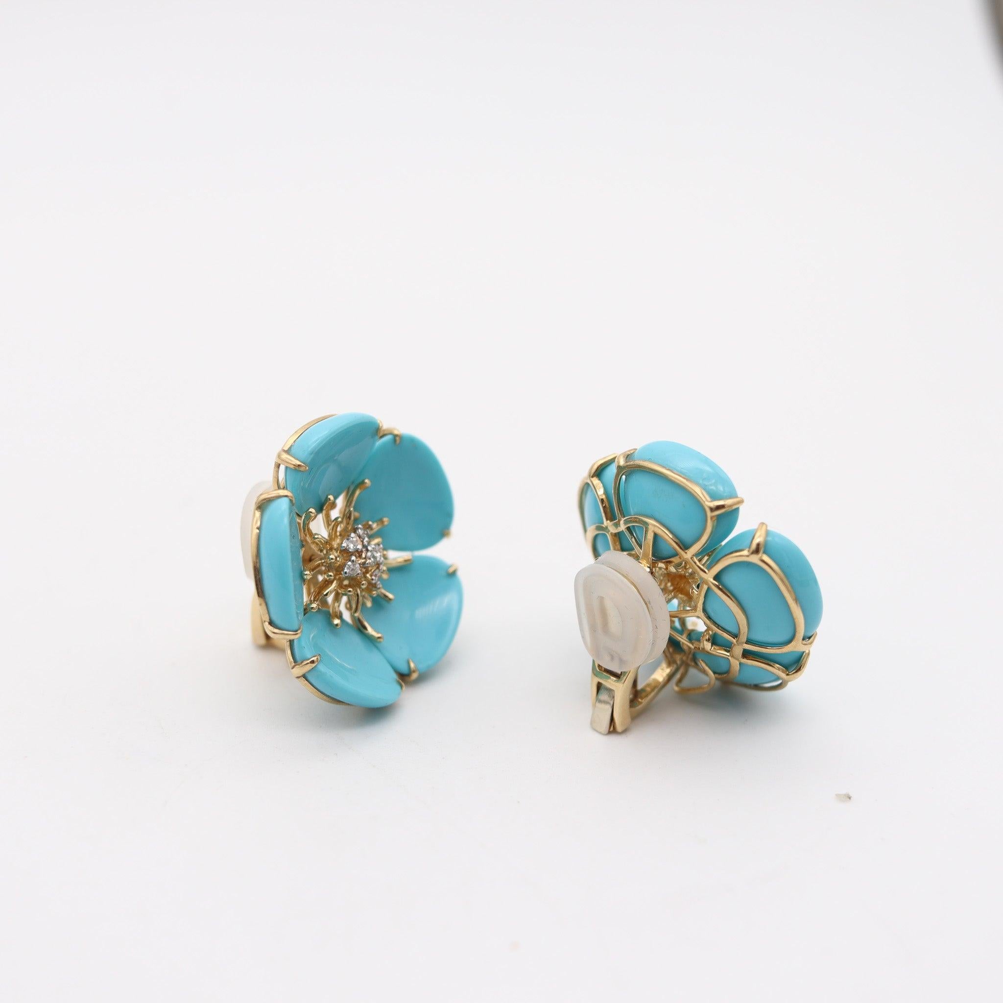 Brilliant Cut MODERNIST Flower Clips-On Earrings In 18Kt Yellow Gold, Turquoises & Diamonds