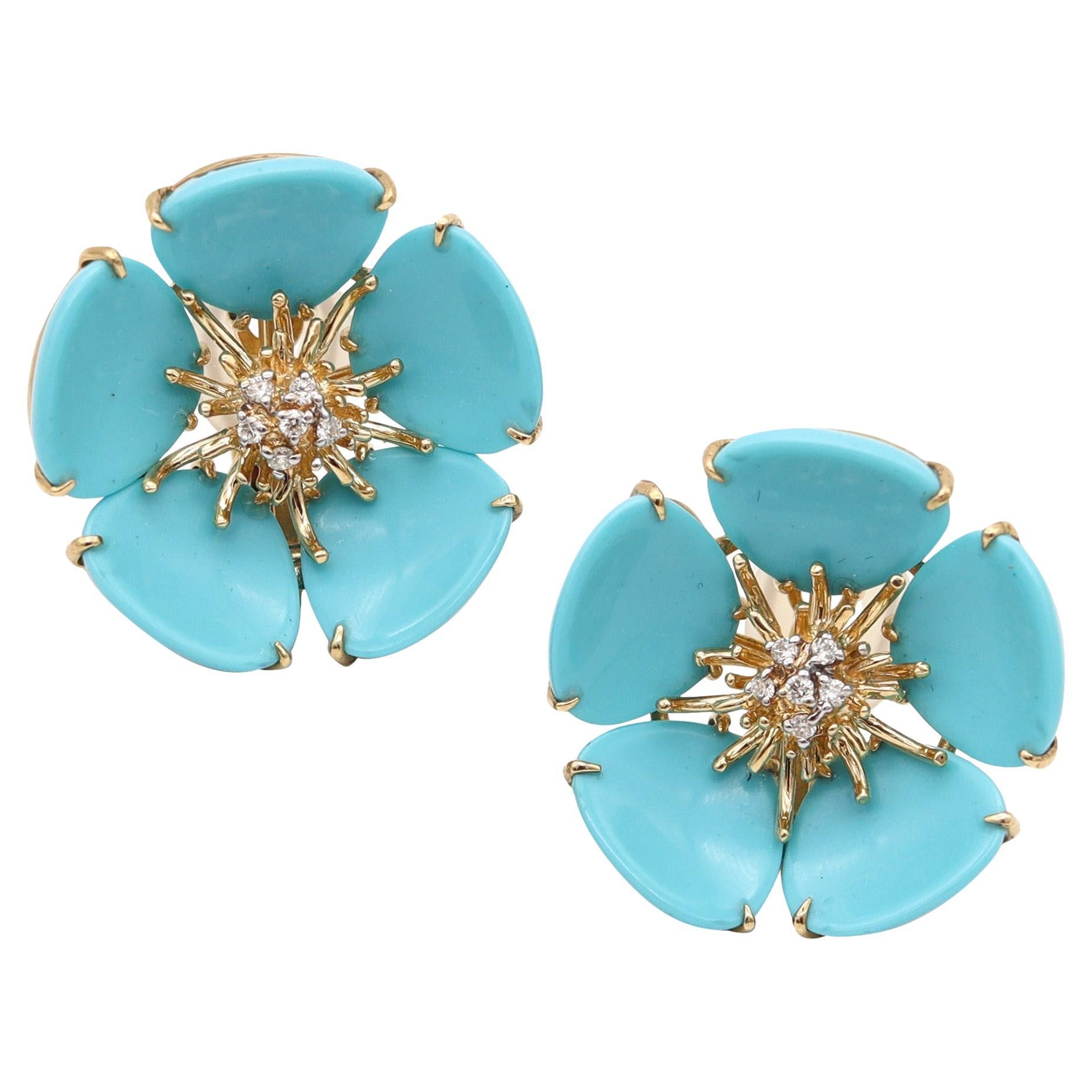 MODERNIST Flower Clips-On Earrings In 18Kt Yellow Gold, Turquoises & Diamonds