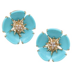 MODERNIST Flower Clips-On Earrings In 18Kt Yellow Gold, Turquoises & Diamonds
