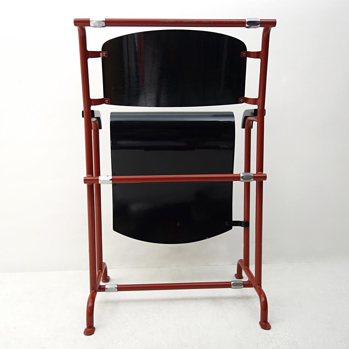 Modernist Folding Chair by Gerrit Rietveld for Hopmi in Red Metal and Black Wood 4
