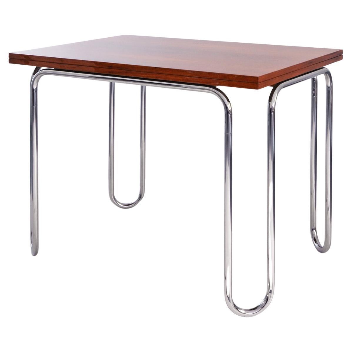 Table pliante moderniste, acier chromé, bois plaqué, sur mesure en vente