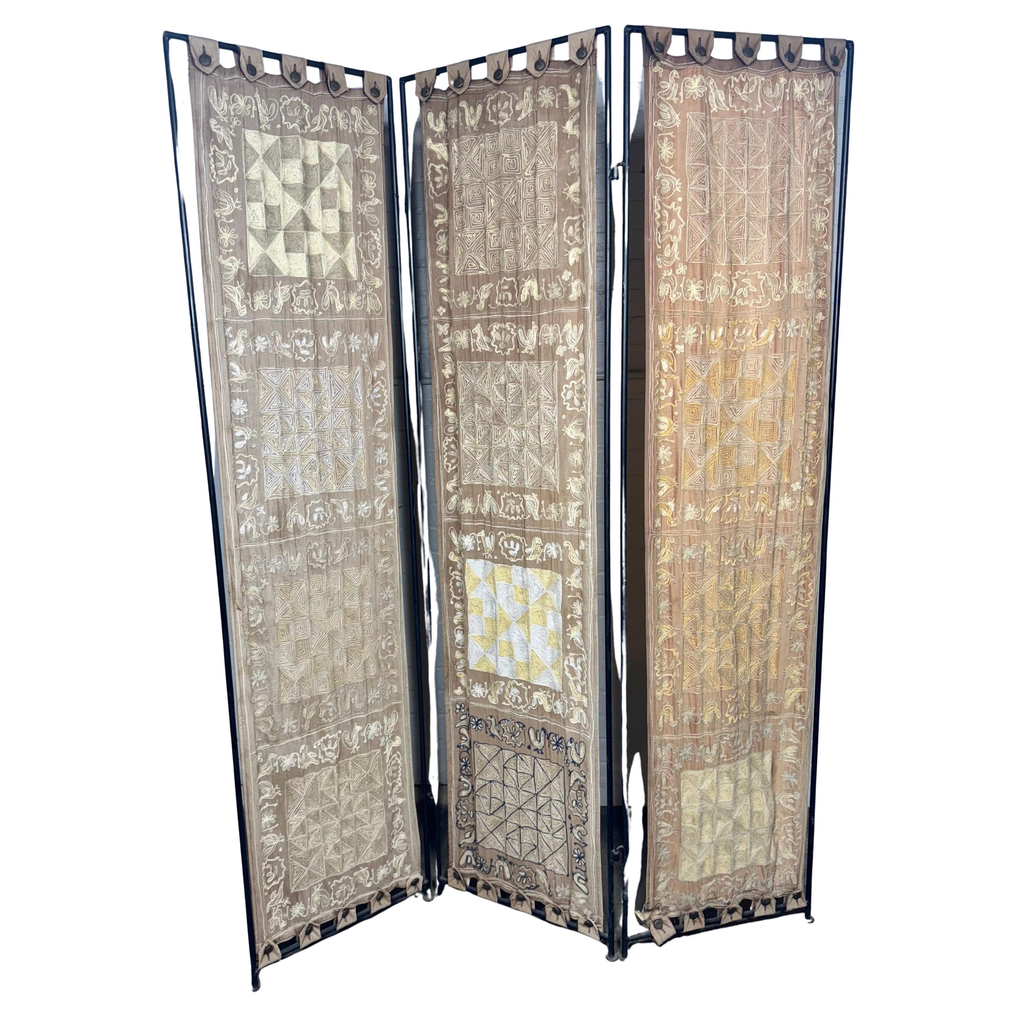 Modernist / Folk Art  Hand Embroidered Silk and Iron 3-panel Screen / Devider