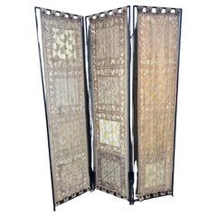 Modernist / Folk Art  Hand Embroidered Silk and Iron 3-panel Screen / Devider