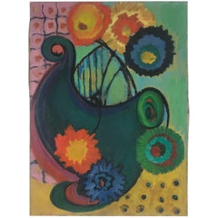 Vintage Modernist, Folk Art Oil on Canvas by Anita Kahn, circa 1950s