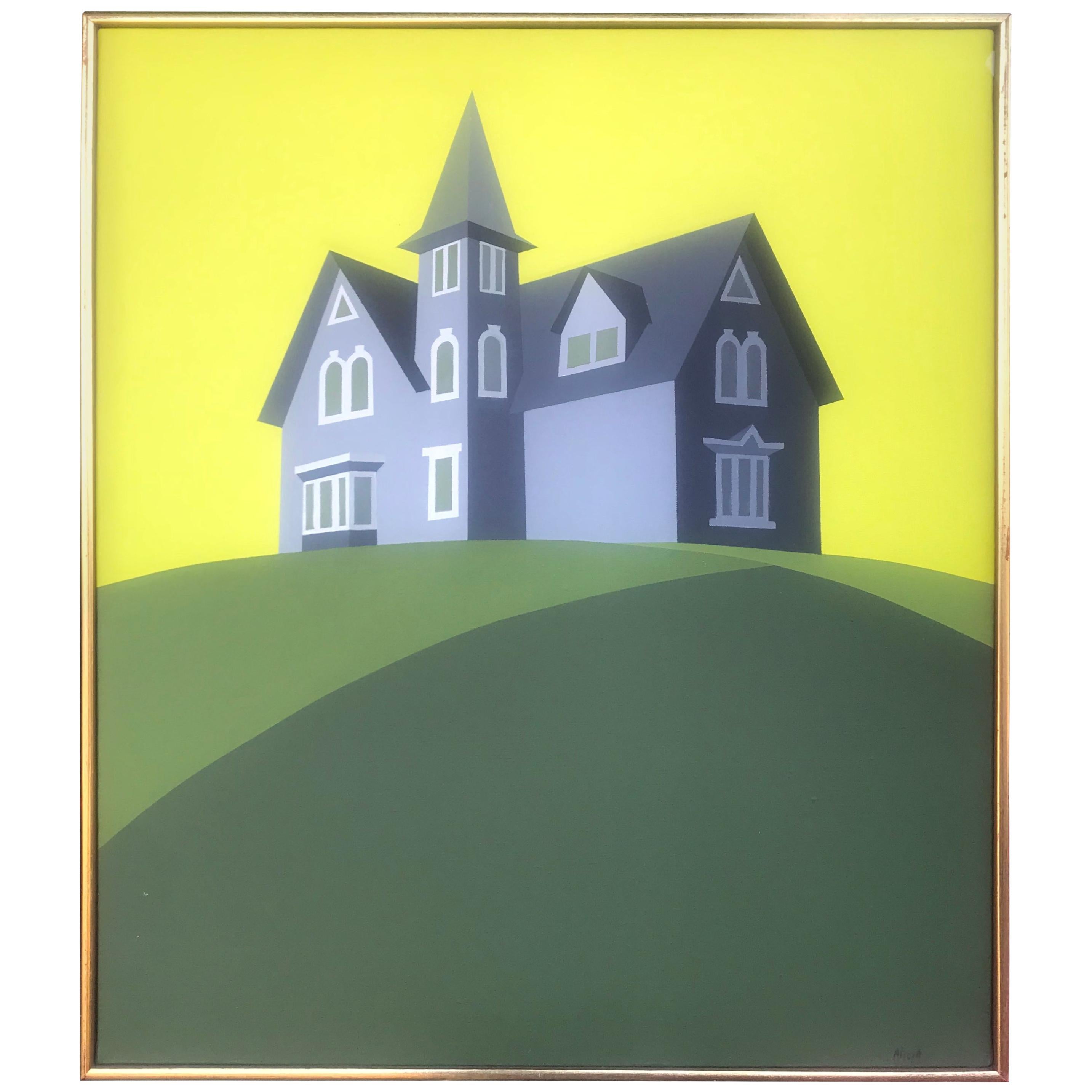 Modernist Folk Art Oil Painting "House on the Hill" Alice Makara W.N.Y Artist
