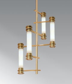 Modernist Four-Cylinder Chandelier, Polished Brass, Opaline Glass, Customizable