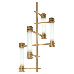 Modernist Four-Cylinder Chandelier, Polished Brass, Opaline Glass, Customizable