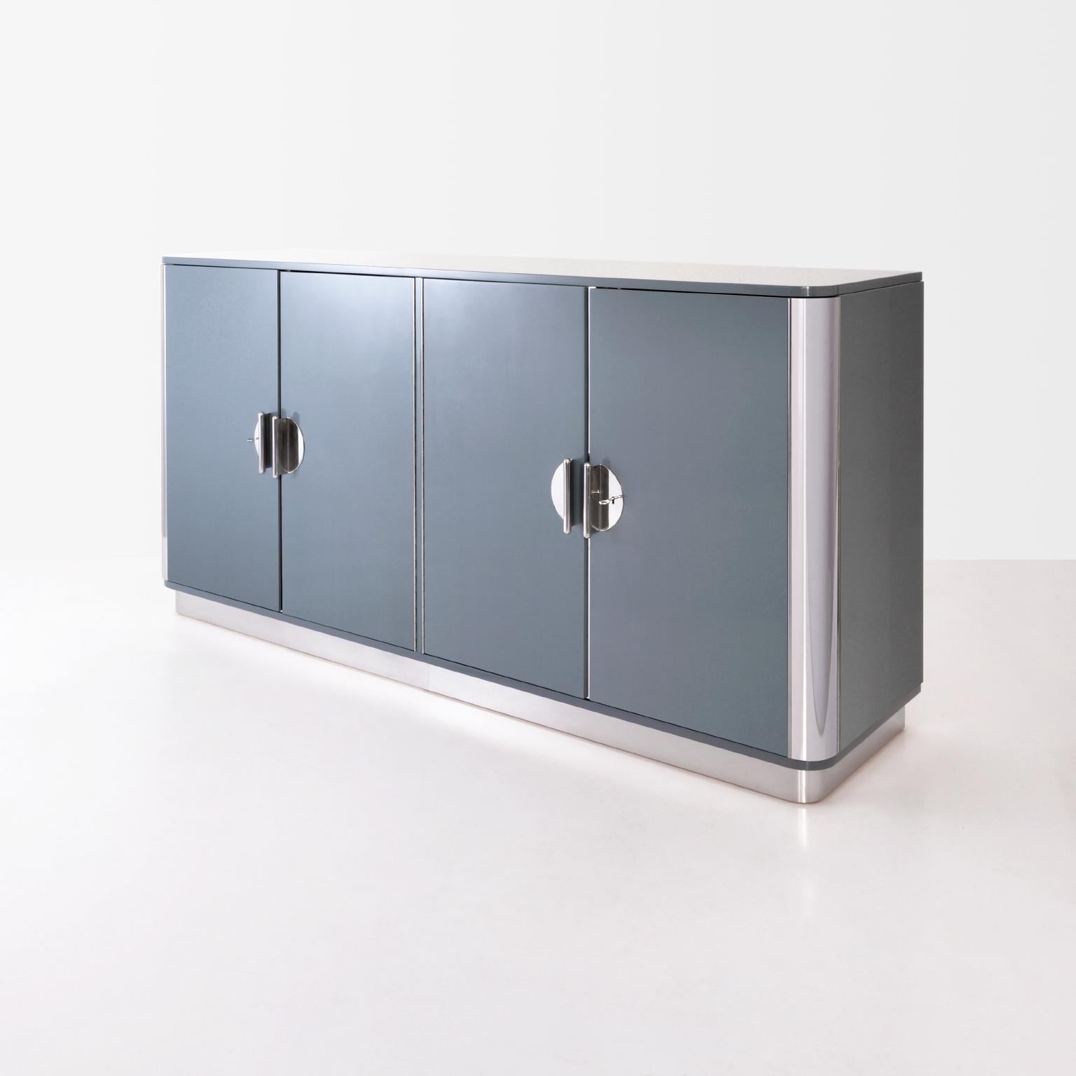 German Modernist Four-Door Sideboard, Chrome Plated Metal, Glossy Lacquer, Customizable For Sale