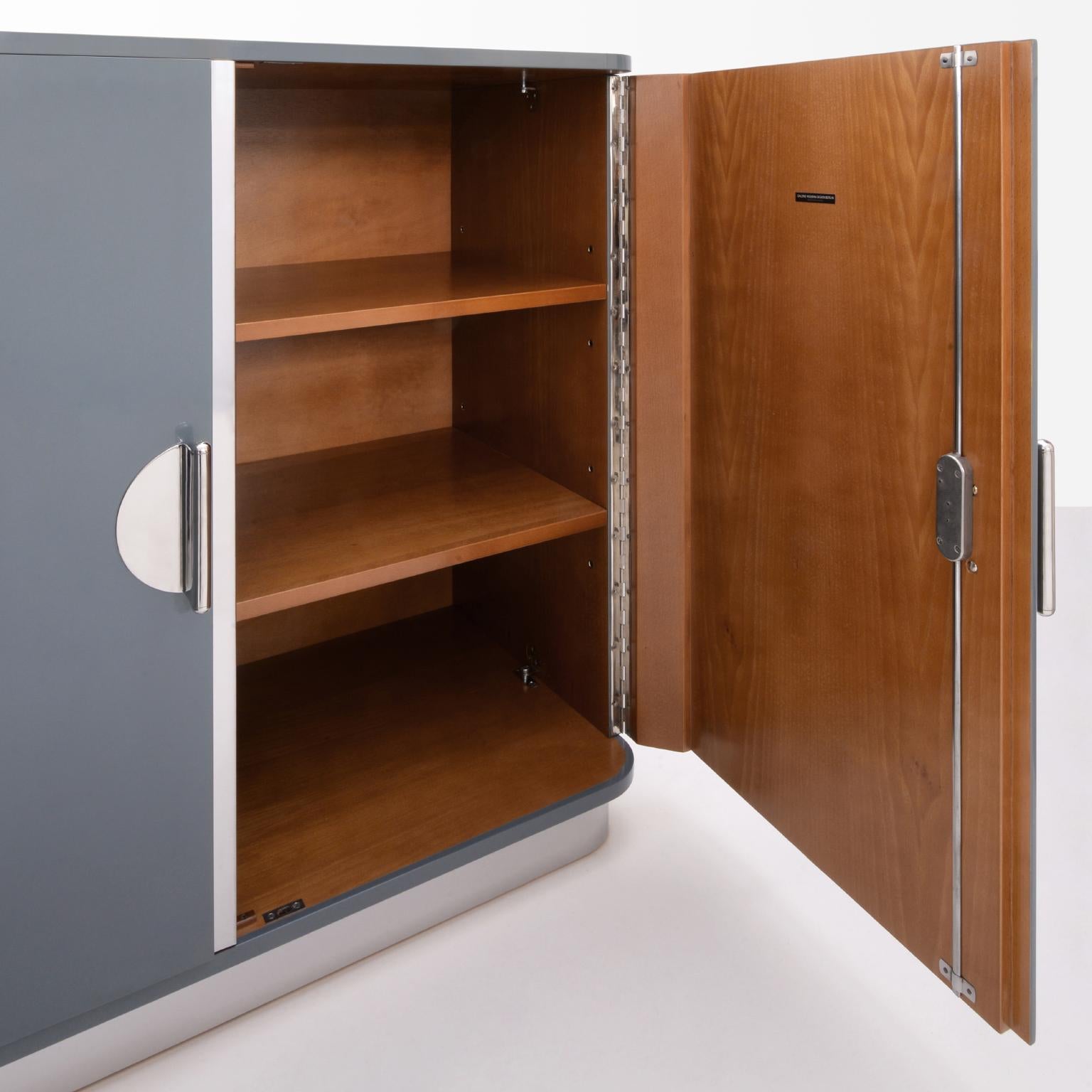 Lacquered Modernist Four-Door Sideboard, Chrome Plated Metal, Glossy Lacquer, Customizable For Sale