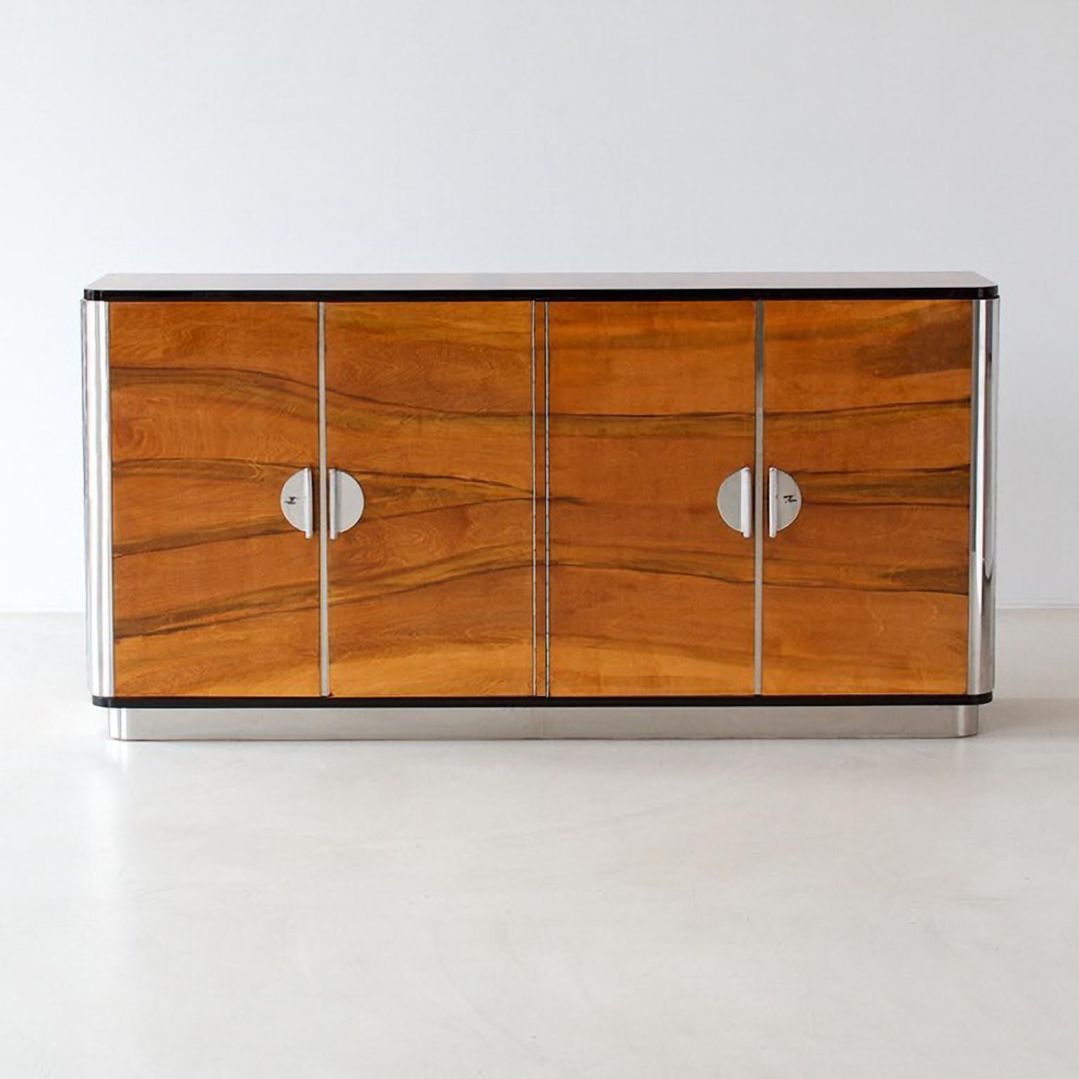 Art Deco Modernist Four Door Sideboard, Veneered Wood, Chrome Plated Metal, Customizable For Sale