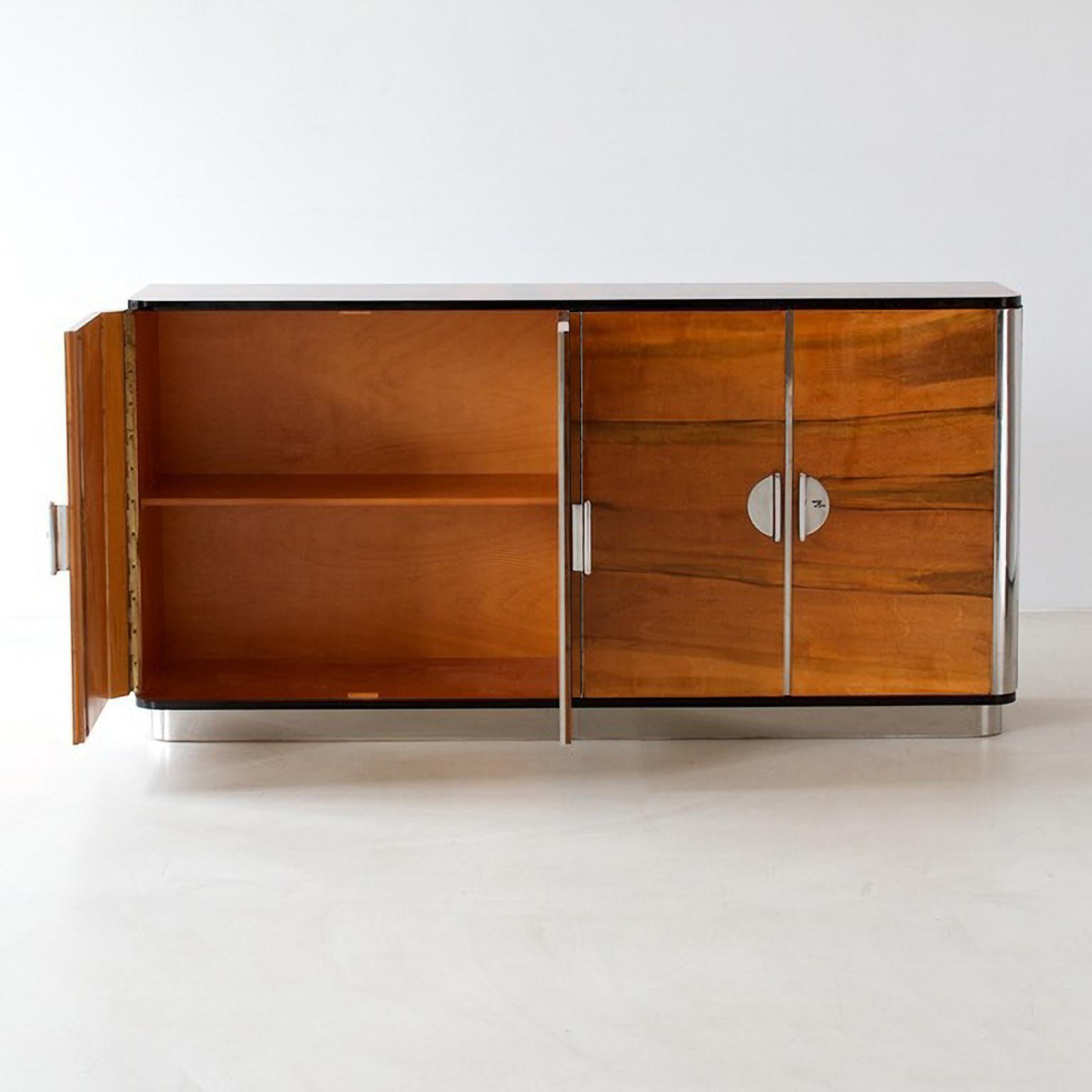 German Modernist Four Door Sideboard, Veneered Wood, Chrome Plated Metal, Customizable For Sale