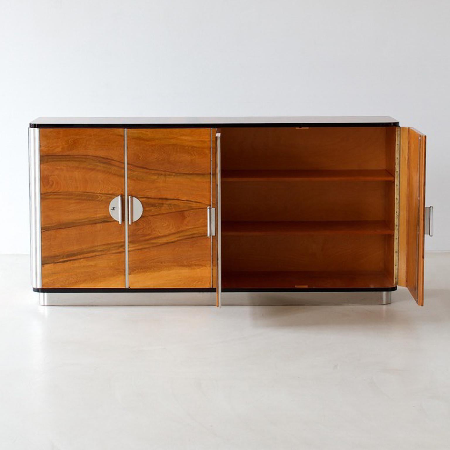Modernist Four Door Sideboard, Veneered Wood, Chrome Plated Metal, Customizable In New Condition For Sale In Berlin, DE