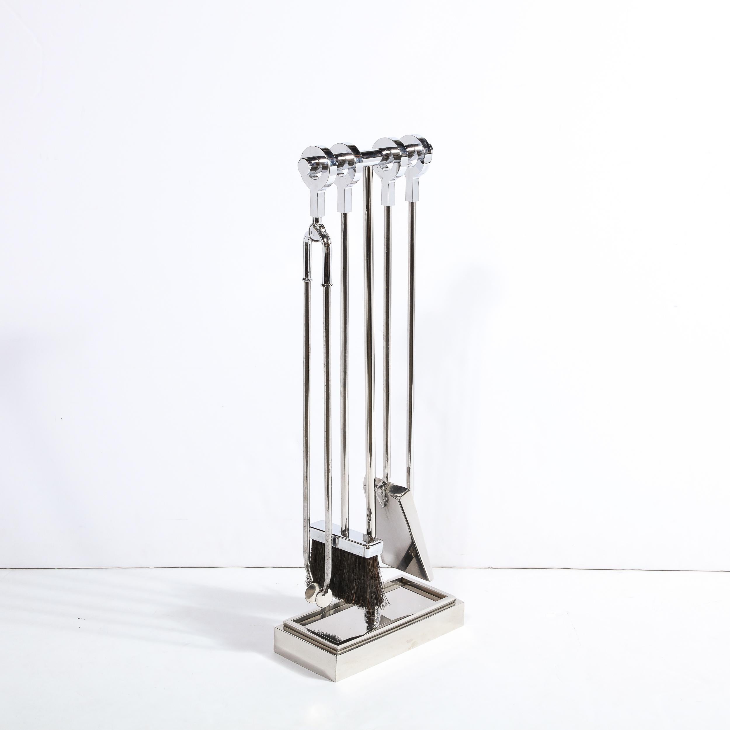 American Modernist Four-Piece Fire Tool Set in Polished Nickel For Sale