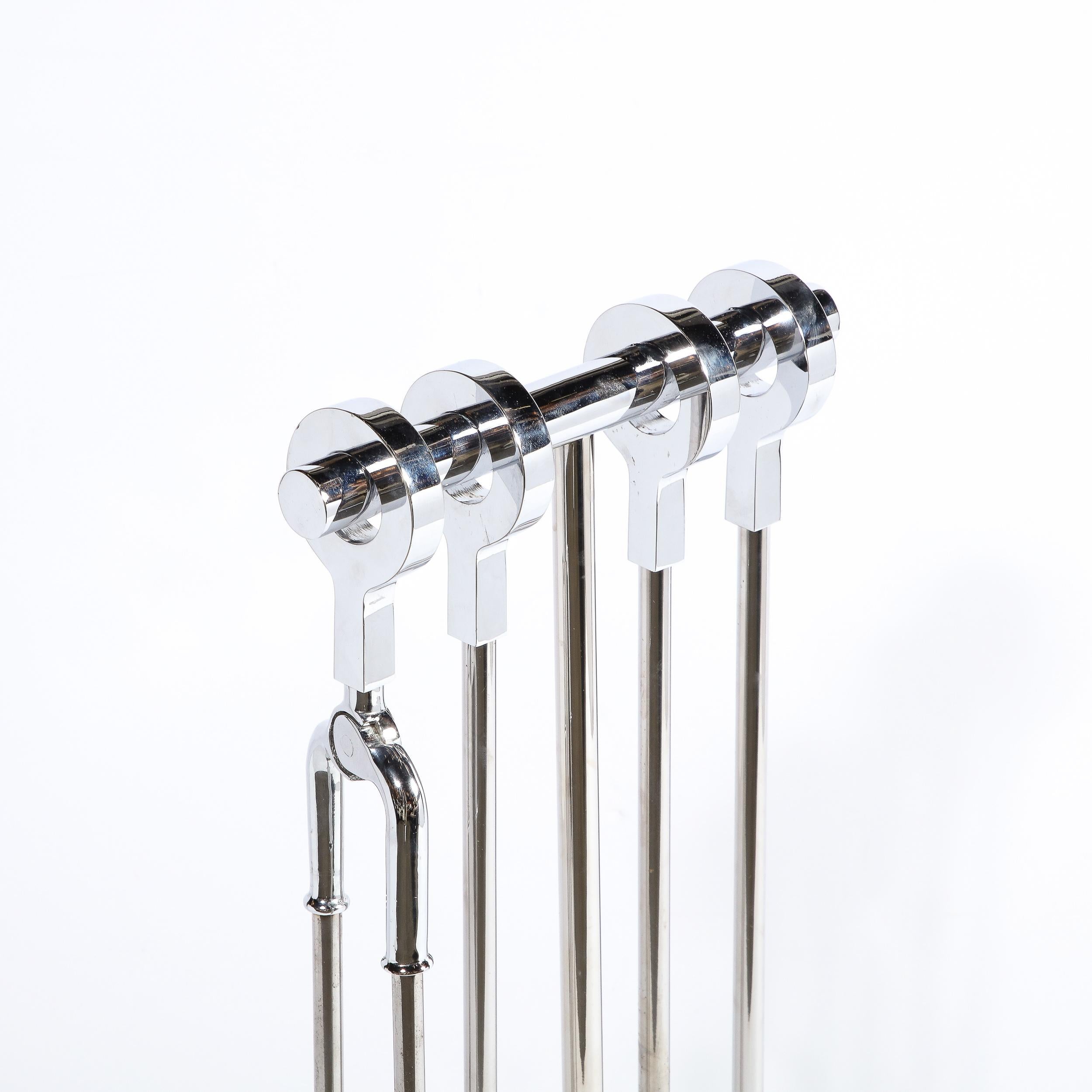 Modernist Four-Piece Fire Tool Set in Polished Nickel In Excellent Condition For Sale In New York, NY