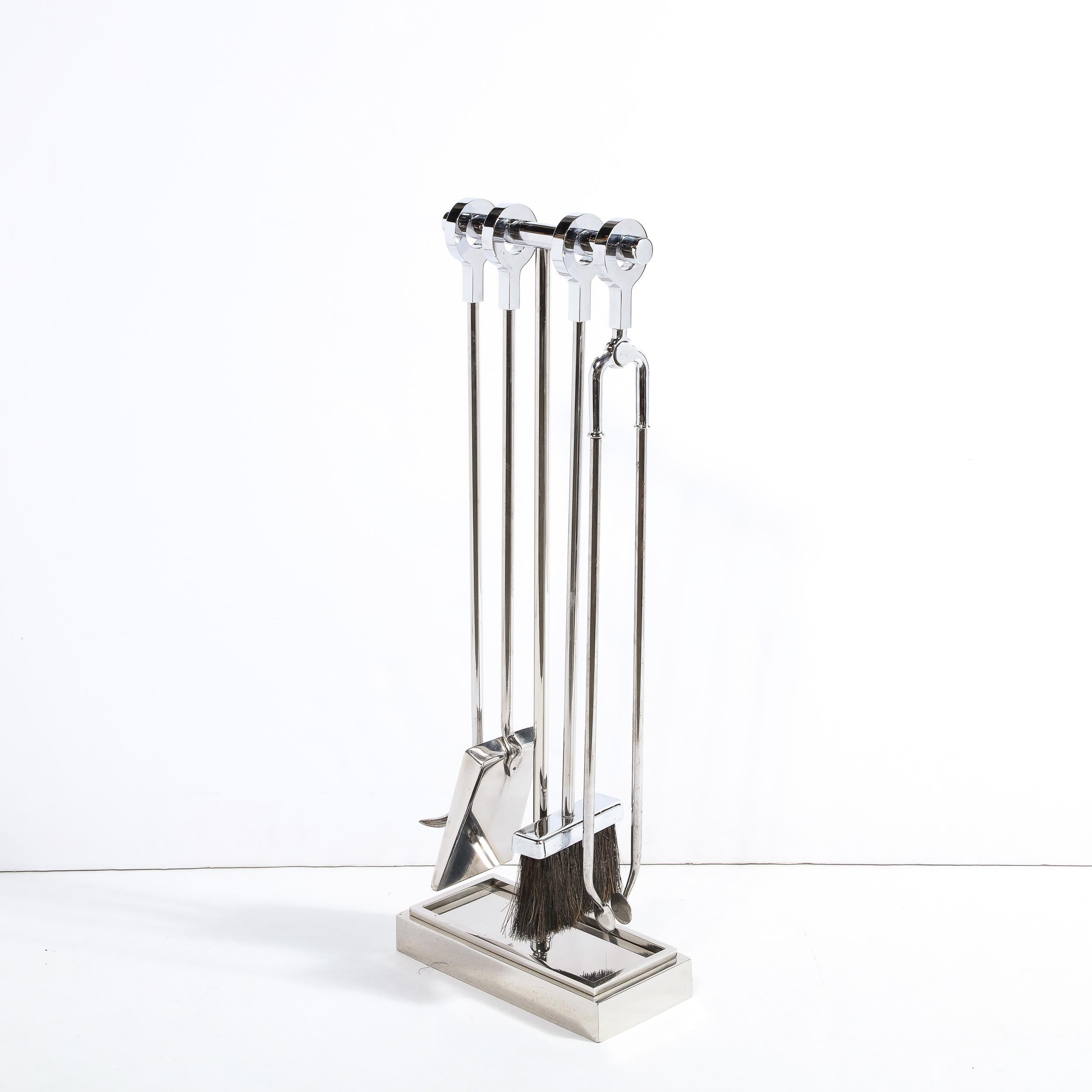 Modernist Four-Piece Fire Tool Set in Polished Nickel For Sale 1