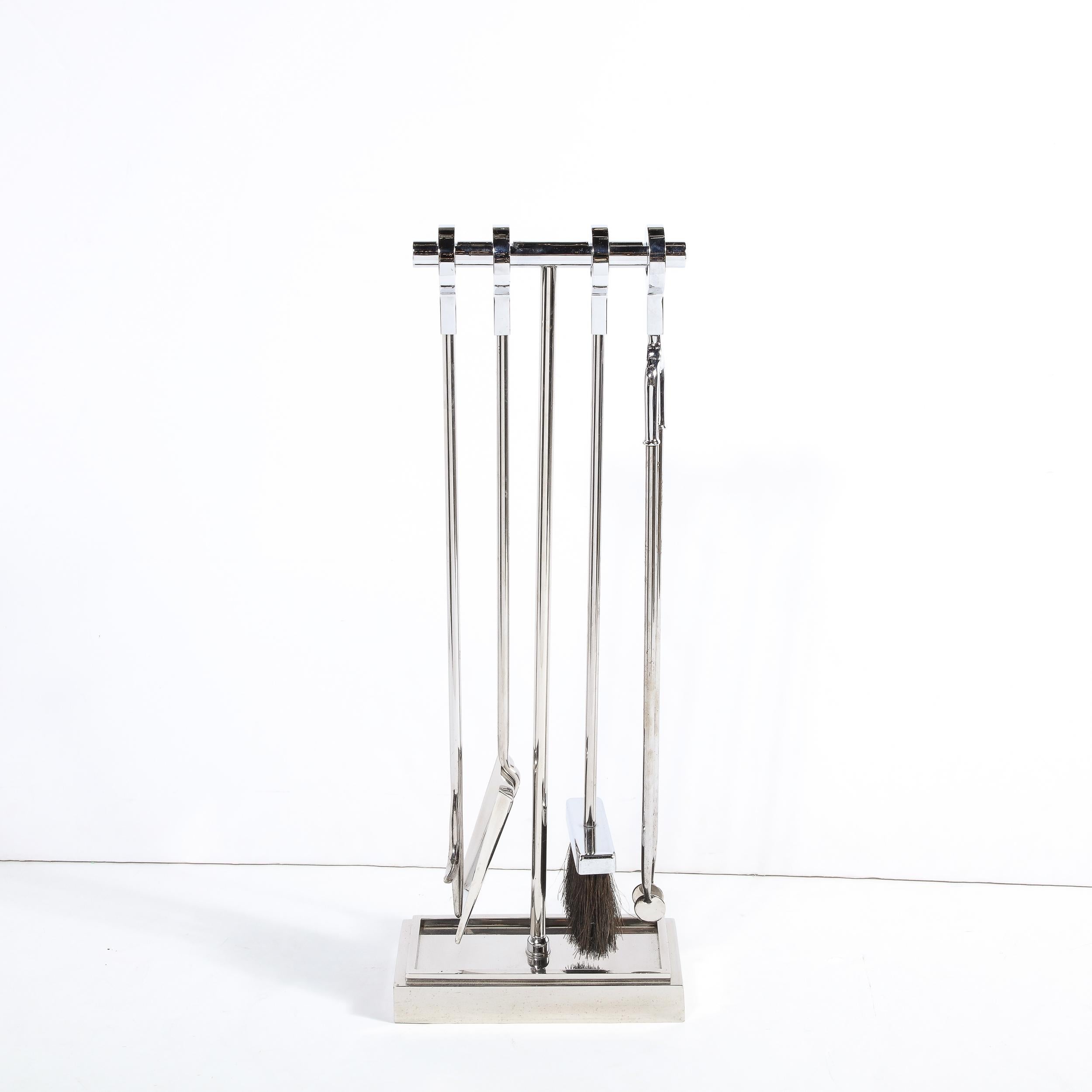 Modernist Four-Piece Fire Tool Set in Polished Nickel For Sale 3