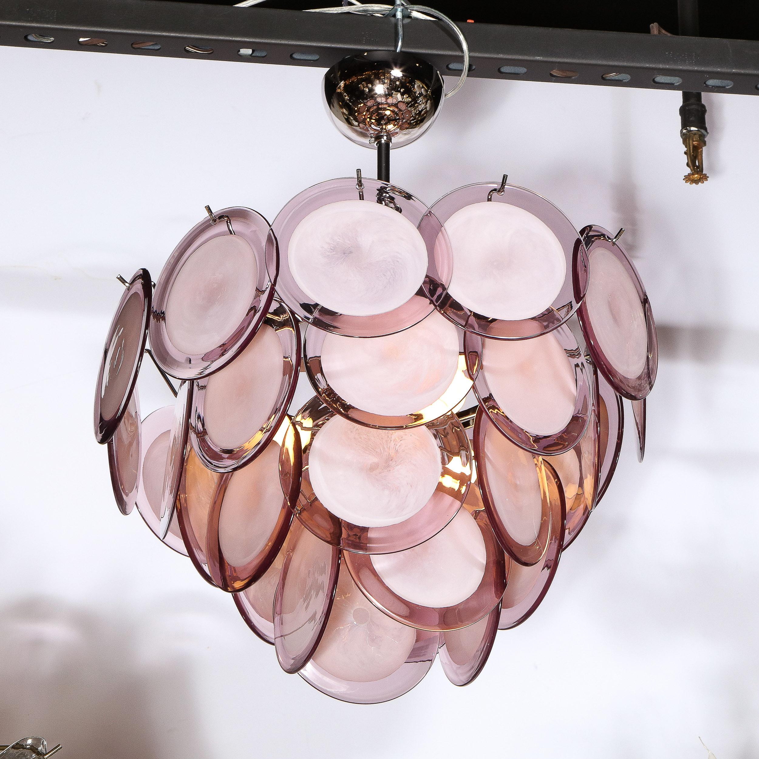 Italian Modernist Four Tier Amethyst Handblown Murano Chandelier with Chrome Fittings For Sale