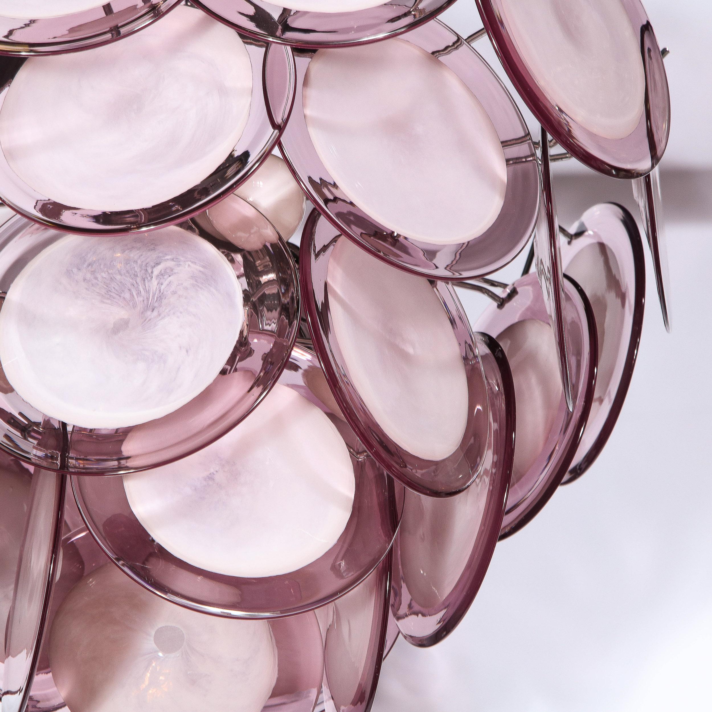 Modernistischer vierstufiger Amethyst-Kronleuchter aus mundgeblasenem Muranoglas mit Chrombeschlägen im Angebot 3