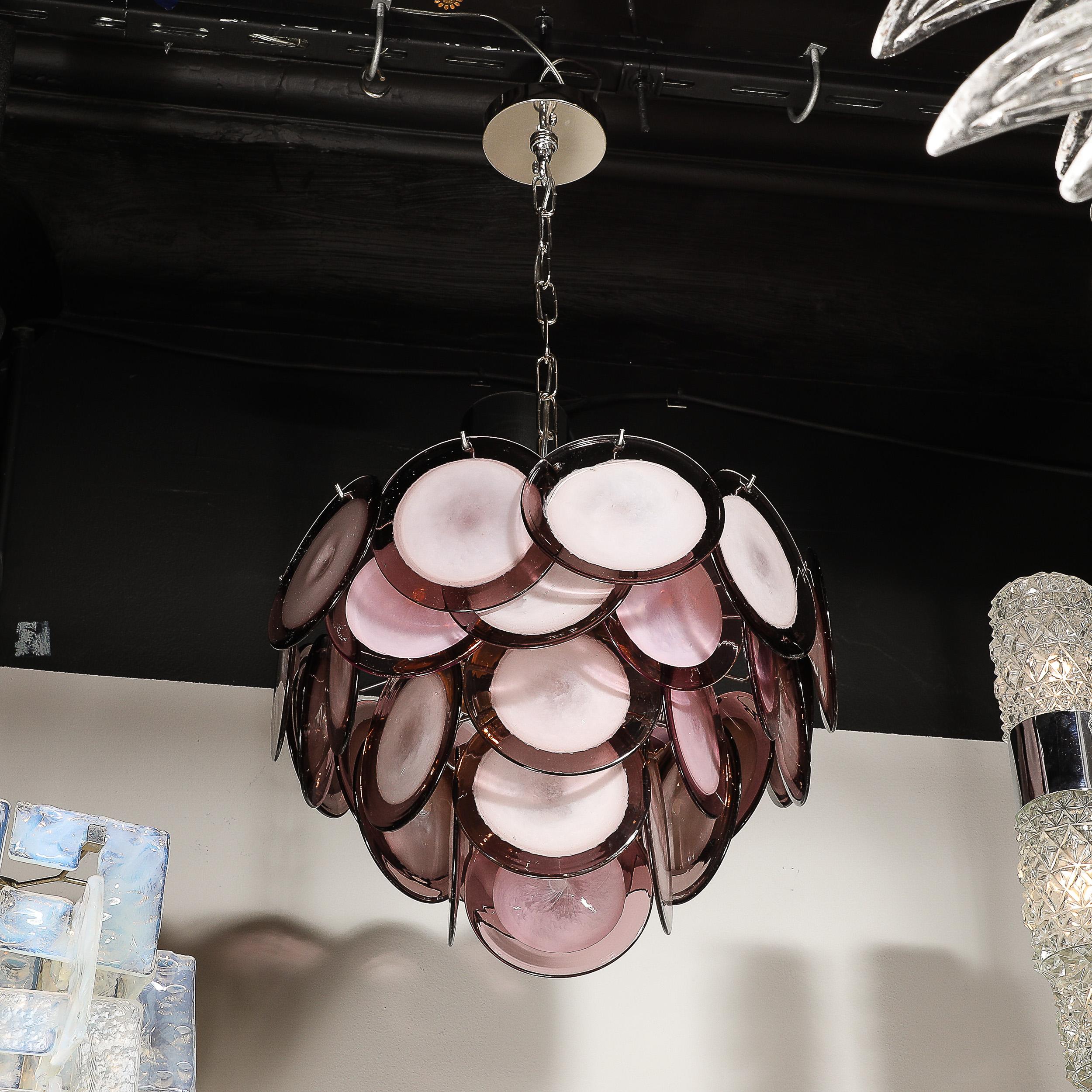 Moderno Lampadario a disco di Murano soffiato a mano modernista a quattro livelli in ametista in vendita