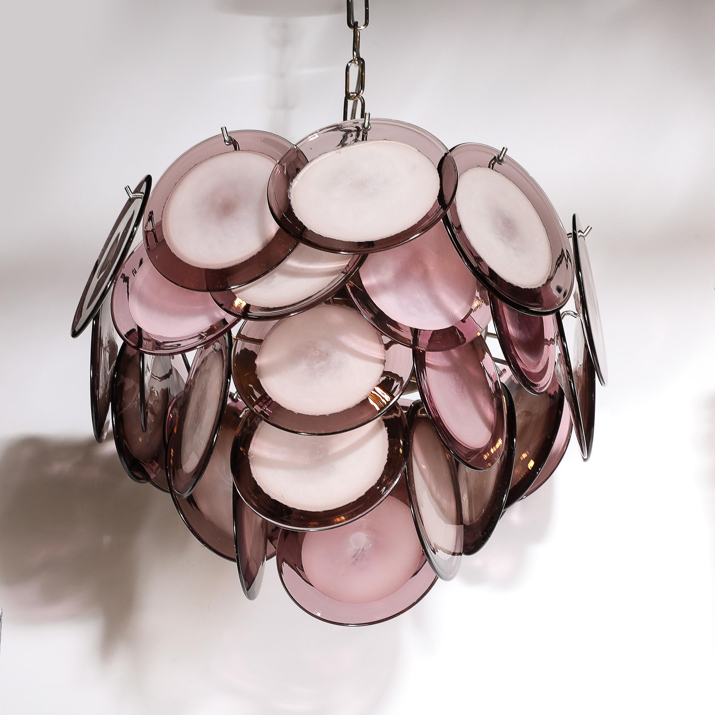 XXI secolo e contemporaneo Lampadario a disco di Murano soffiato a mano modernista a quattro livelli in ametista in vendita