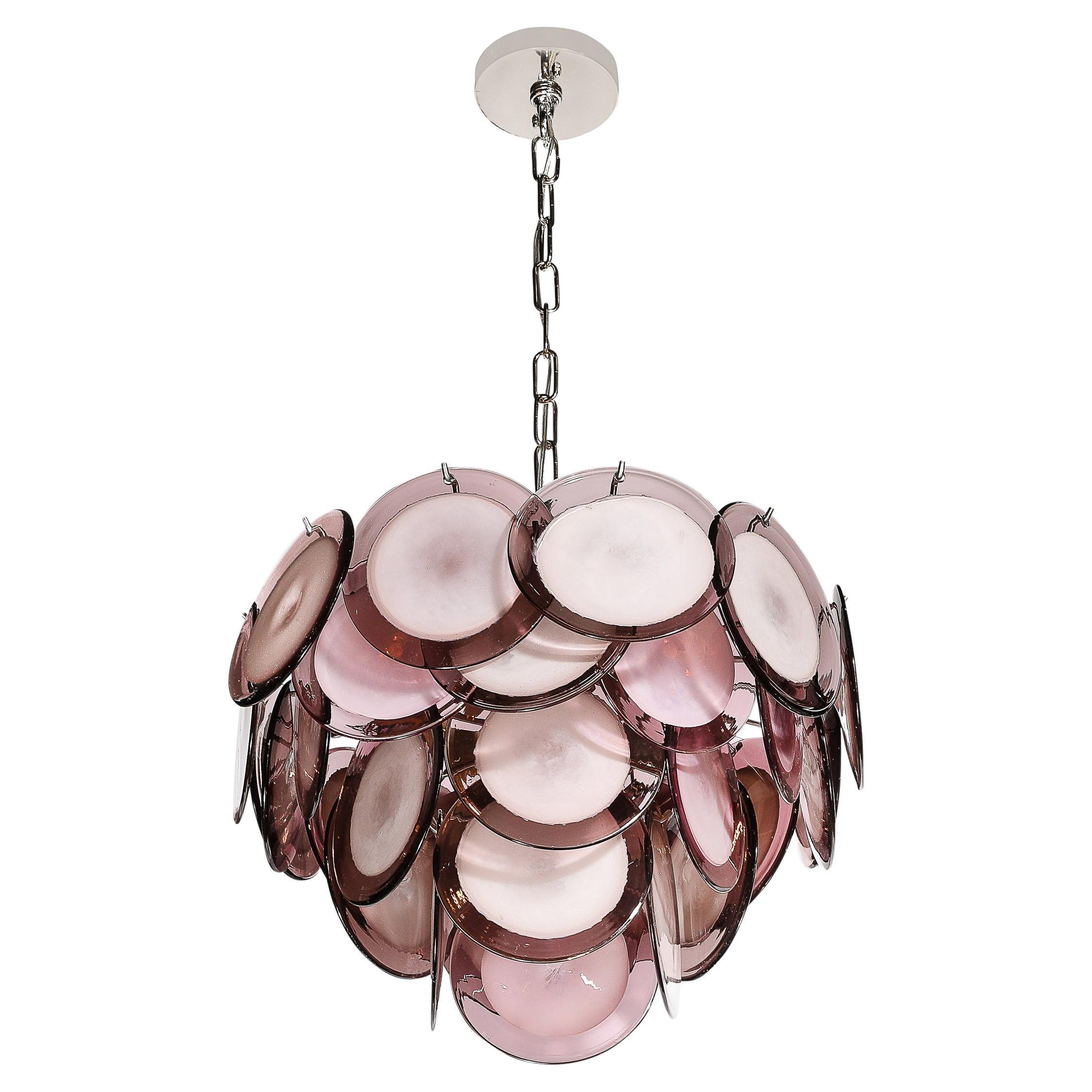 Lampadario a disco di Murano soffiato a mano modernista a quattro livelli in ametista in vendita